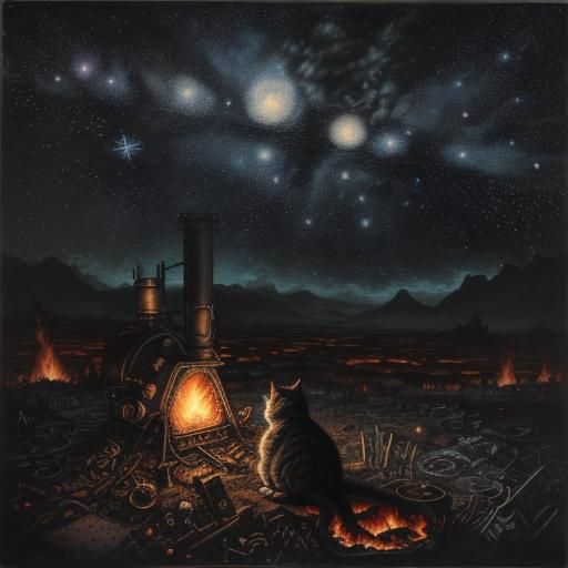 Clockwork Cat in Wasteland Charcoal Drawing