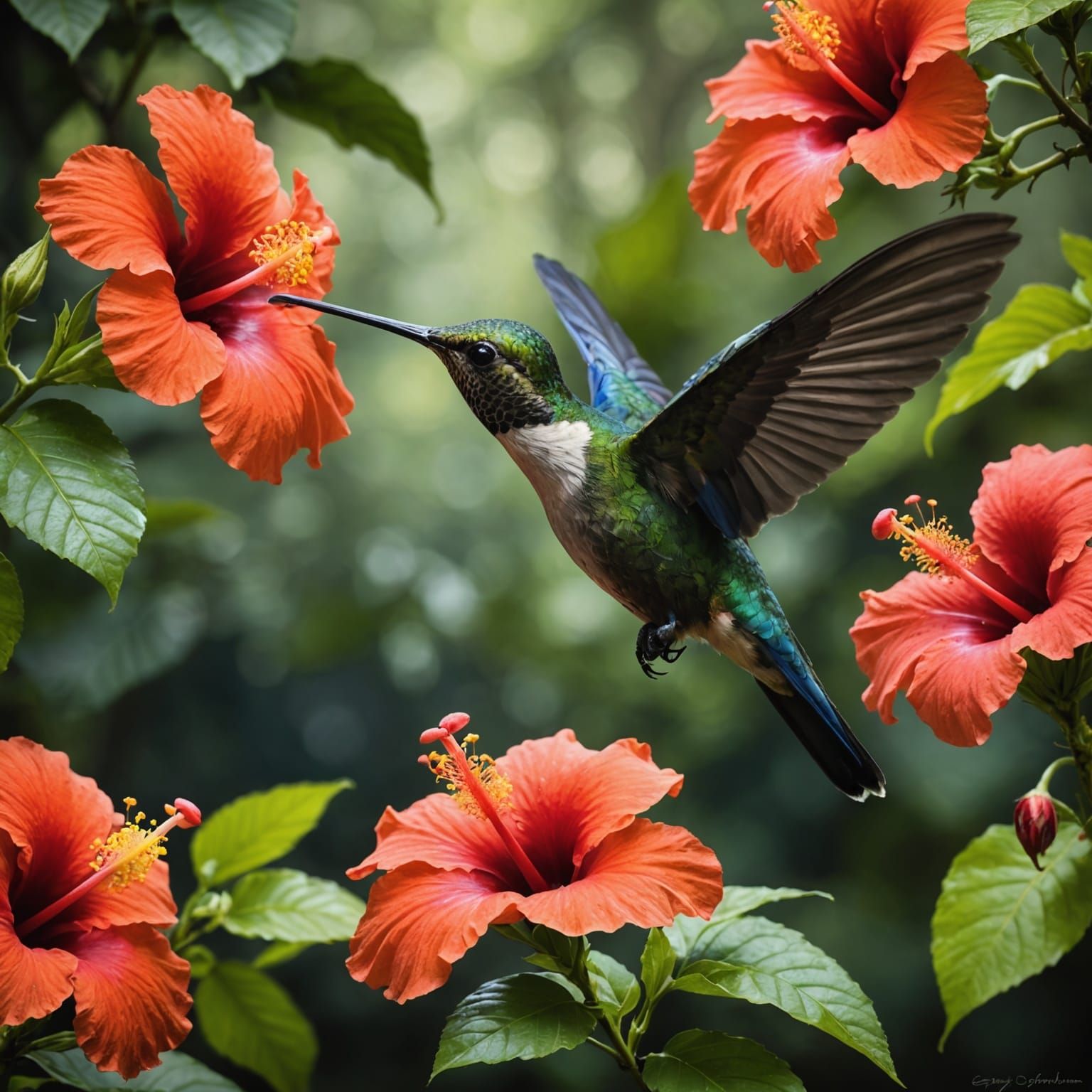 Hummingbird Feeds on Hibiscus Flower in Sinister Style