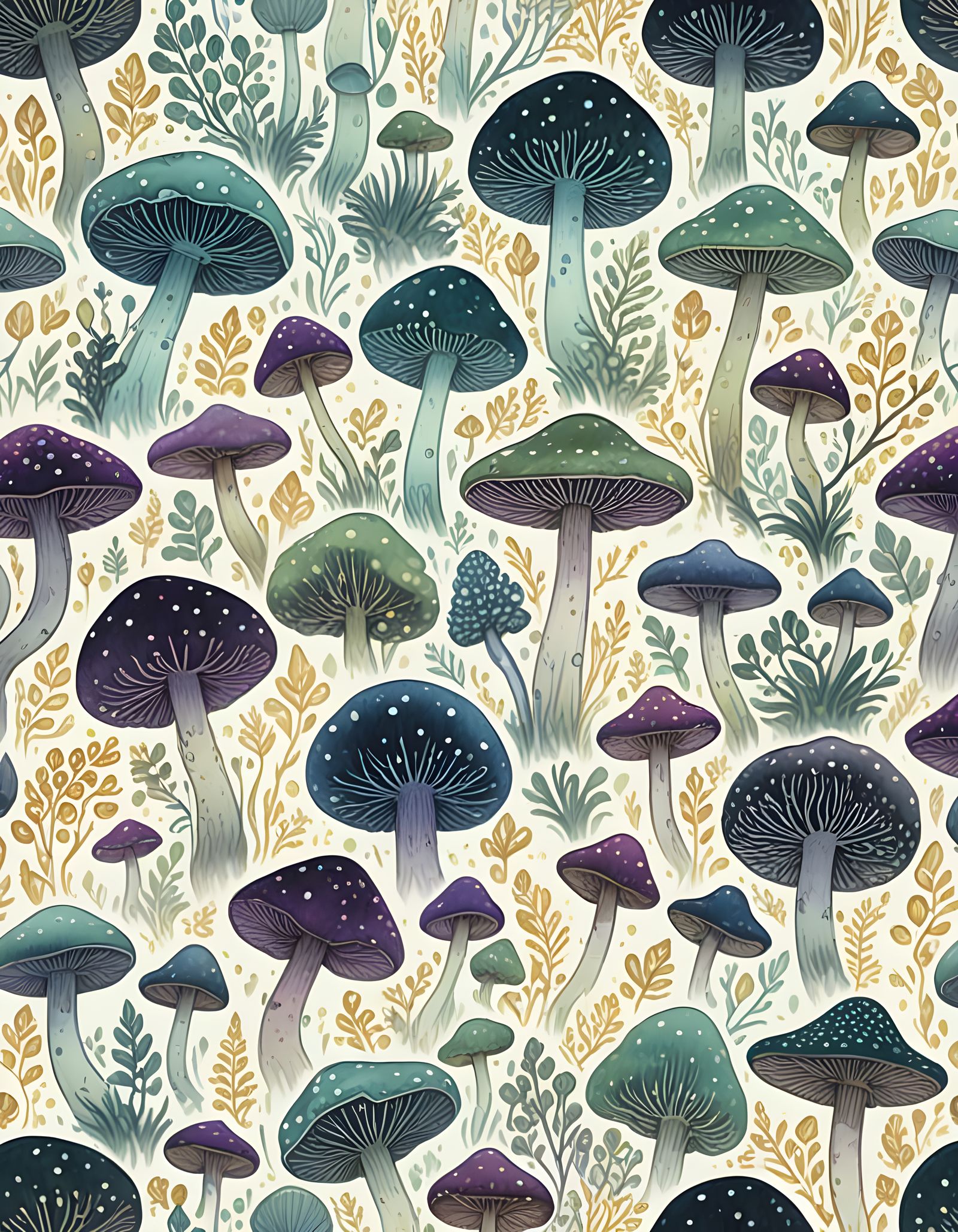 Mushrooms grow in a dark, misty forest