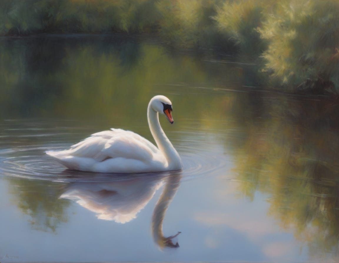 Young Girl Contemplates Lake with Swan and Paper Boat