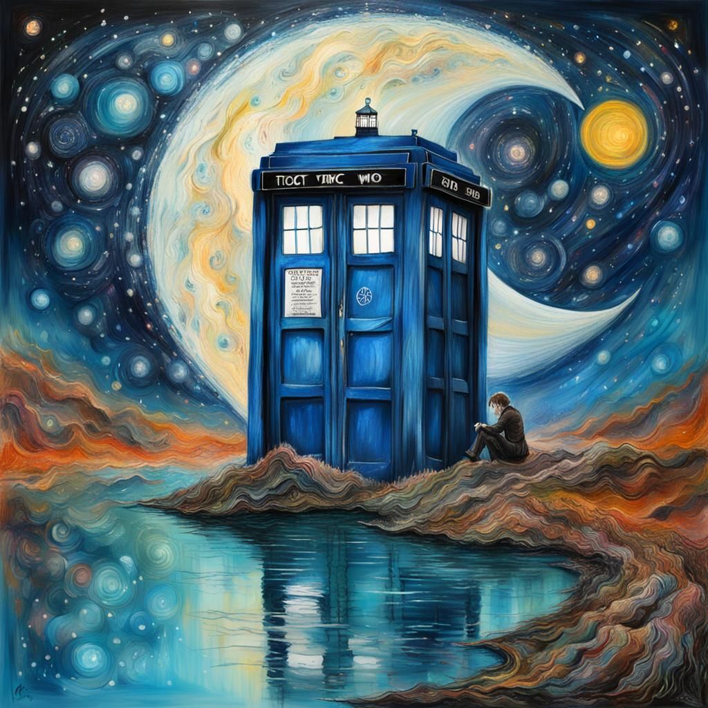 Doctor Who, siting on a crescent moon next to the Tardis..