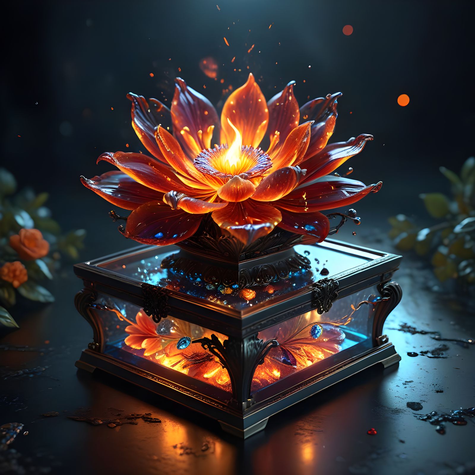 Surreal Fire Flower Blooms in Sparkling Jewelry Box