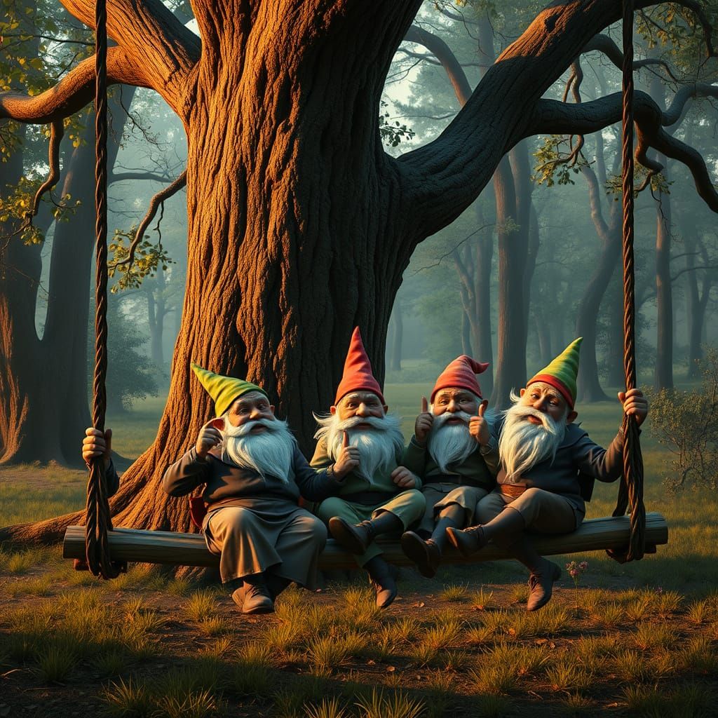 Elderly Gnomes Swing in Enchanted Forest at Golden Hour