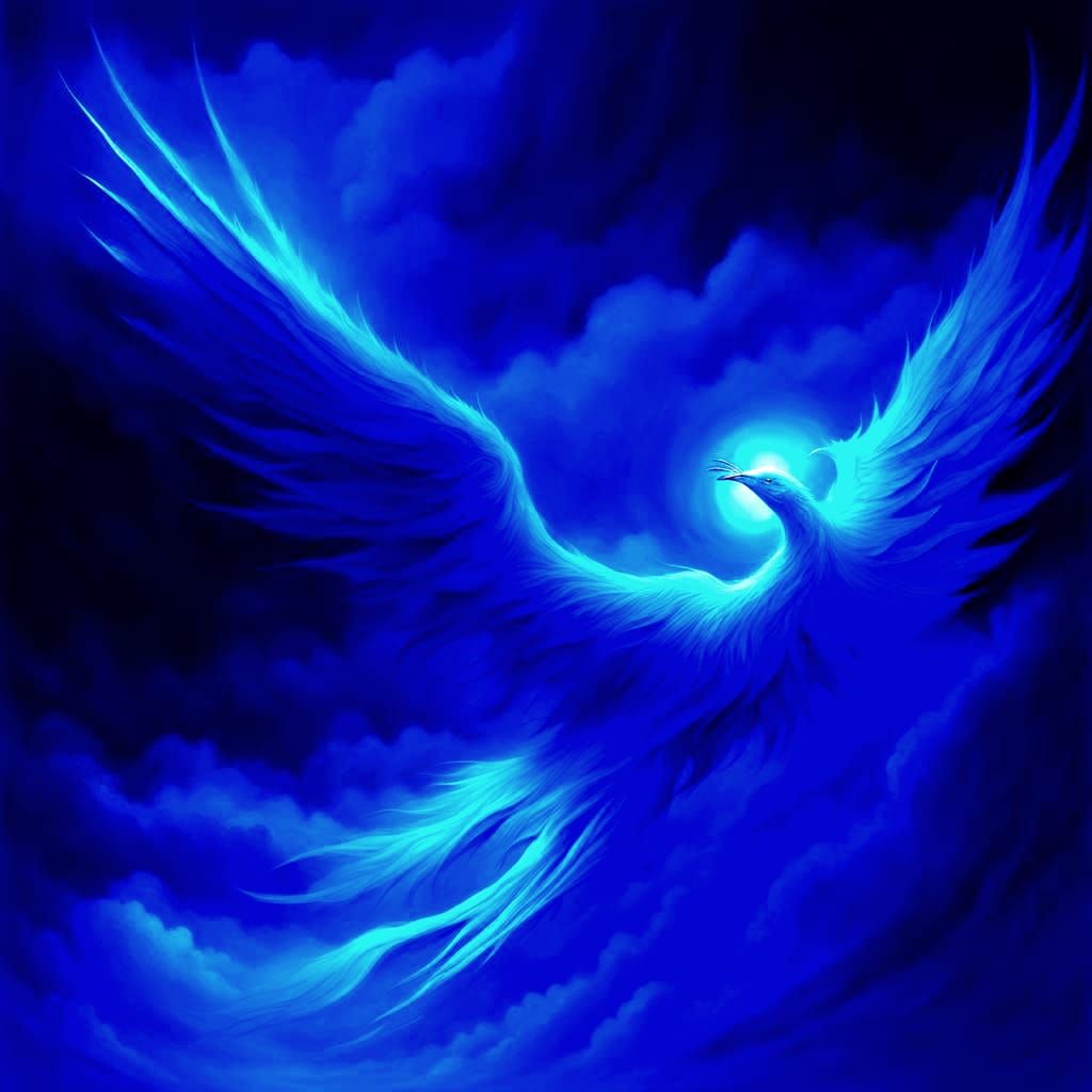 Blue Phoenix Rising From Fiery Vortex