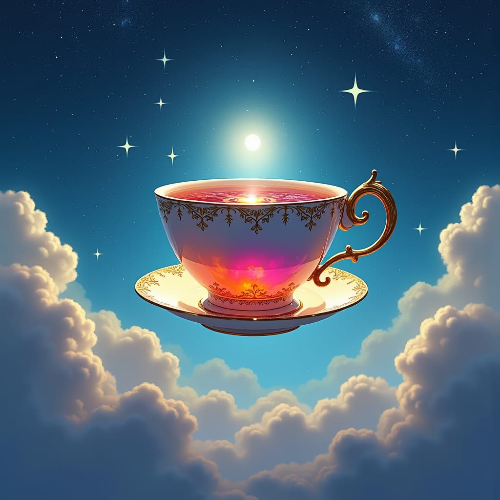 Rainbow Tea Cup in Dreamy Cloudscape, Fantasy Concept Art