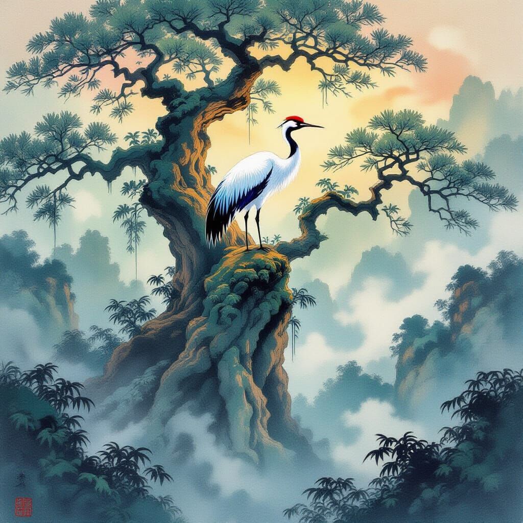 Majestic Crane in Japanese Ink Painting Style