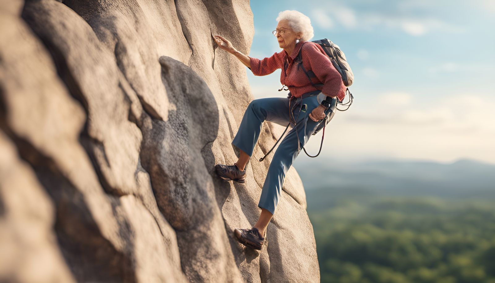 Grandma Free Climbing Devil's Rock in Hyperrealism