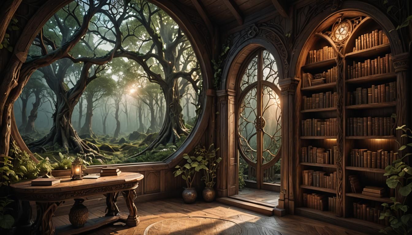 Surreal Elven Library Captured in Vivid Realism