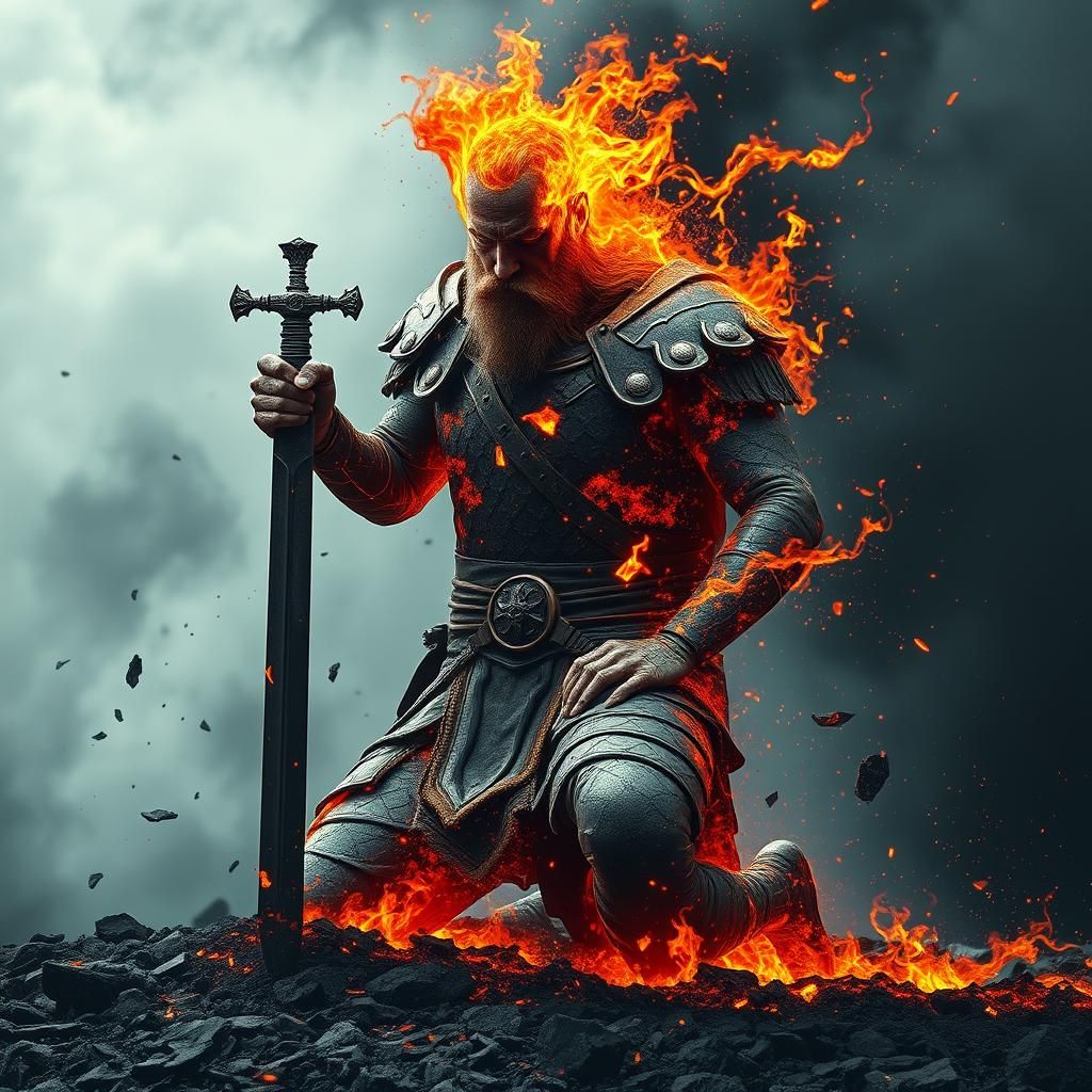 Disintegrating Viking Fire God with Sword