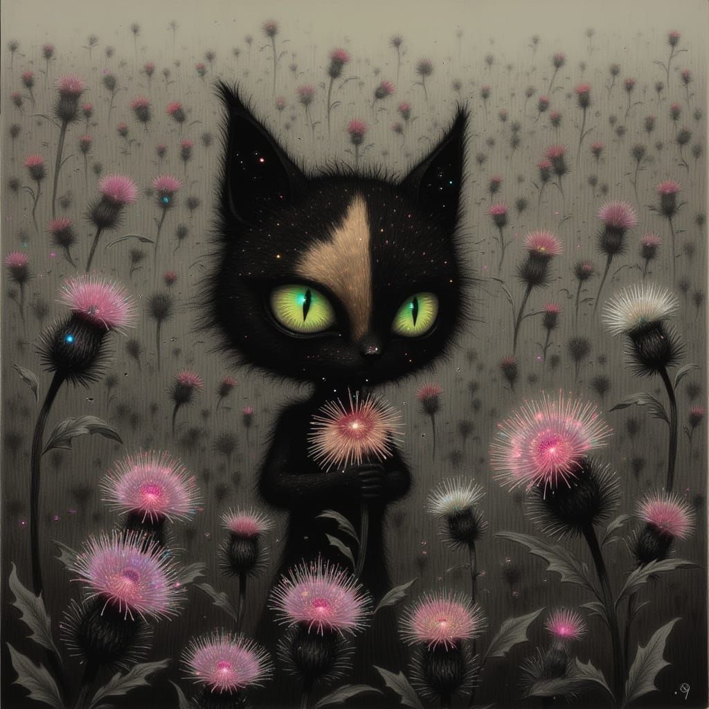 Whimsical Cat Amidst Lavender Thistles in Cyberpunk Anime St...