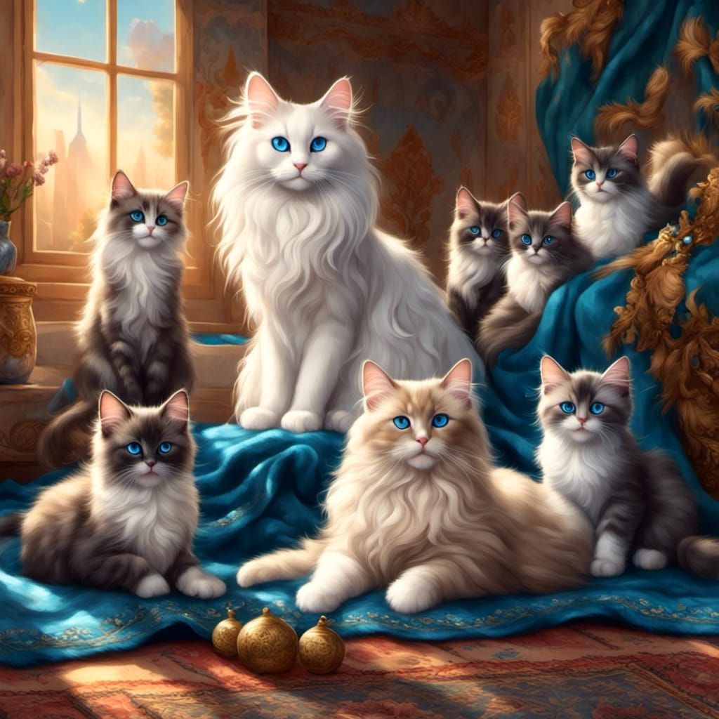 Majestic Ragdoll Cat Family Portrait in Watercolor Style