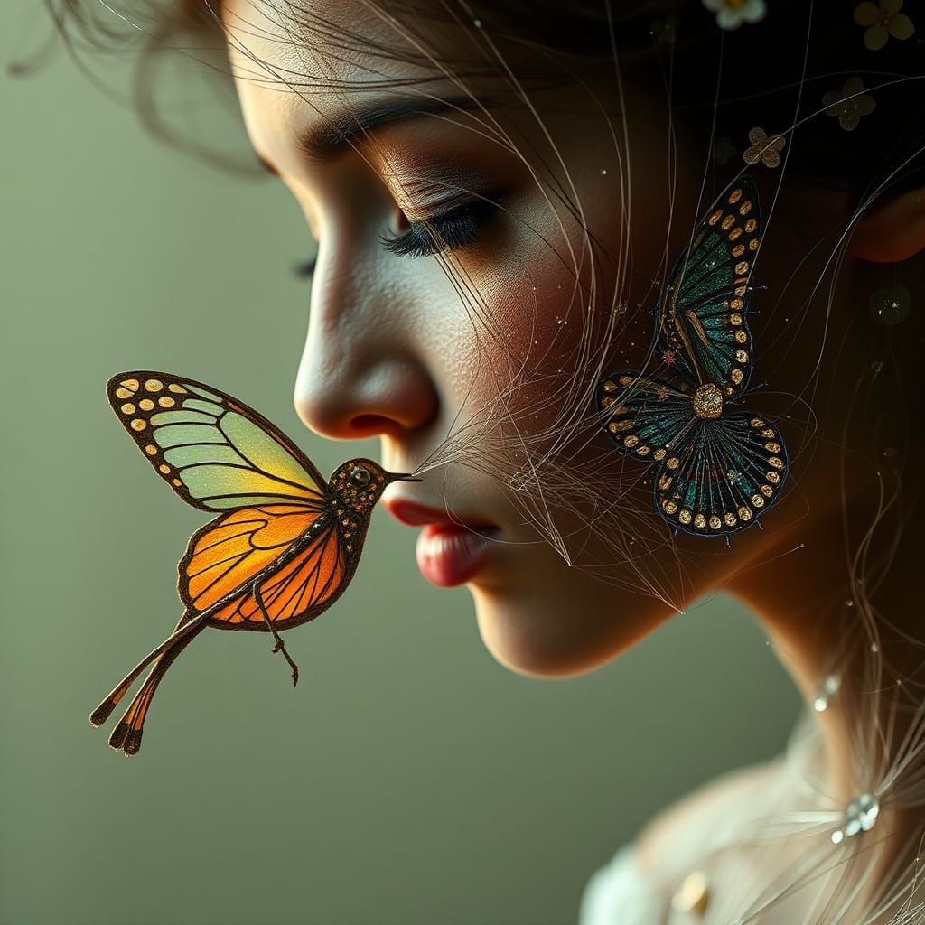 String Woman Kissing Butterfly Bird Portrait