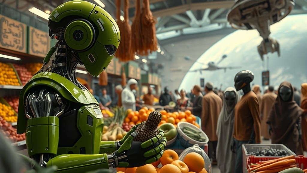 Photorealistic Robot in Alien Market