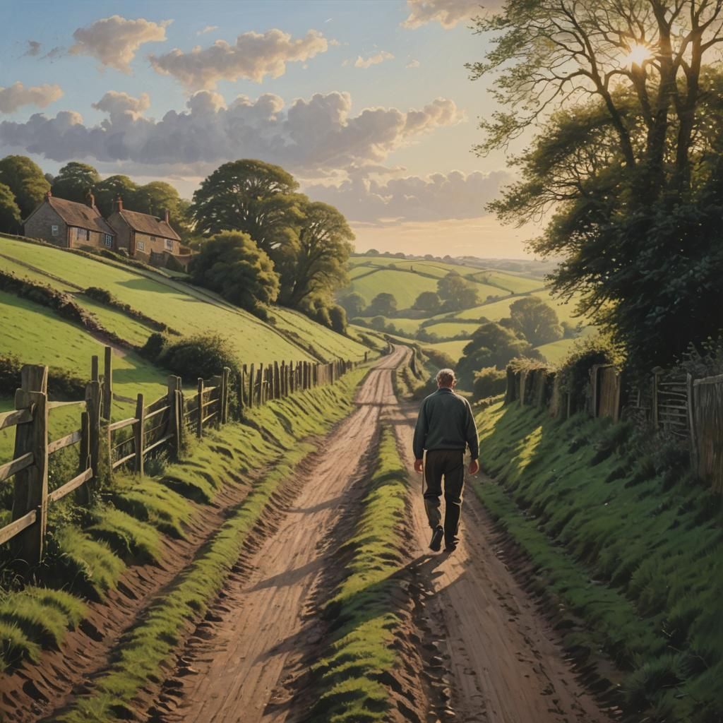Man Walking Down Lane in Evening Light