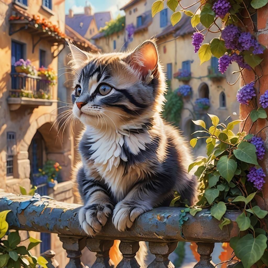 Kitten and Parakeet on Balcony in 3D Style