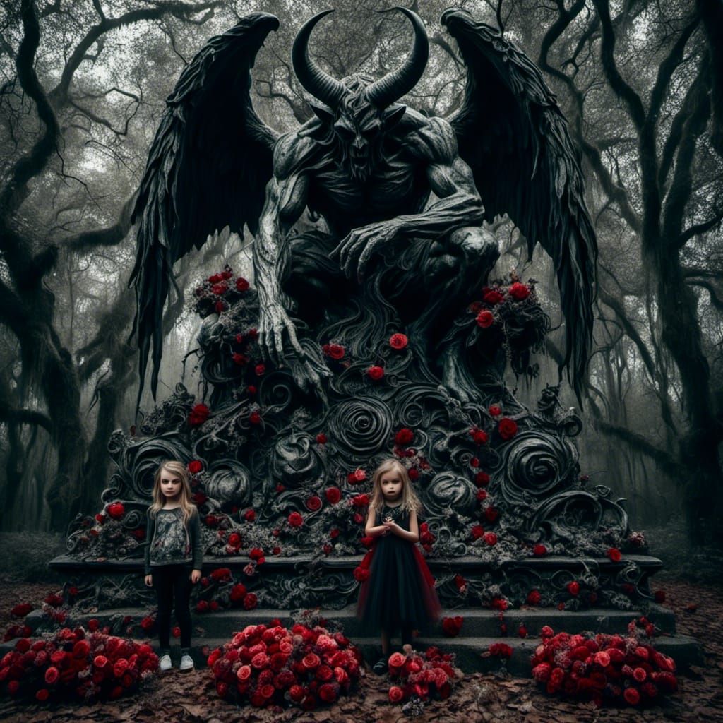 Children Honor Satan Statue in Hyperreal Photography