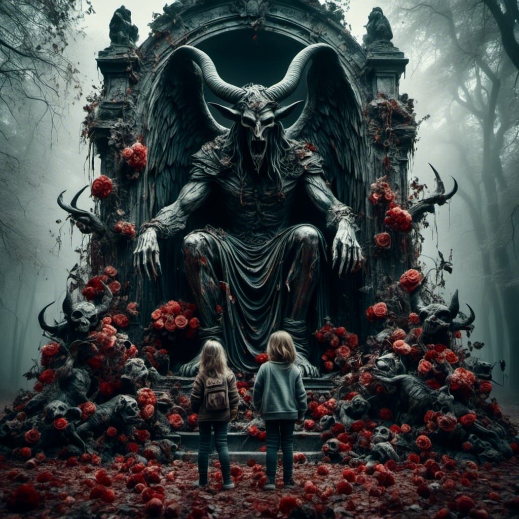 Children Adorn Satan Statue in Hyperrealistic Mixed Media