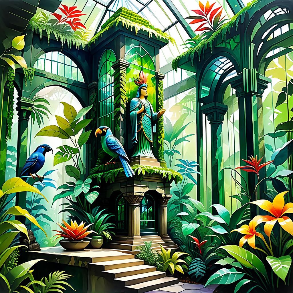 Jungle Aviary with Goddess in Impasto Watercolor