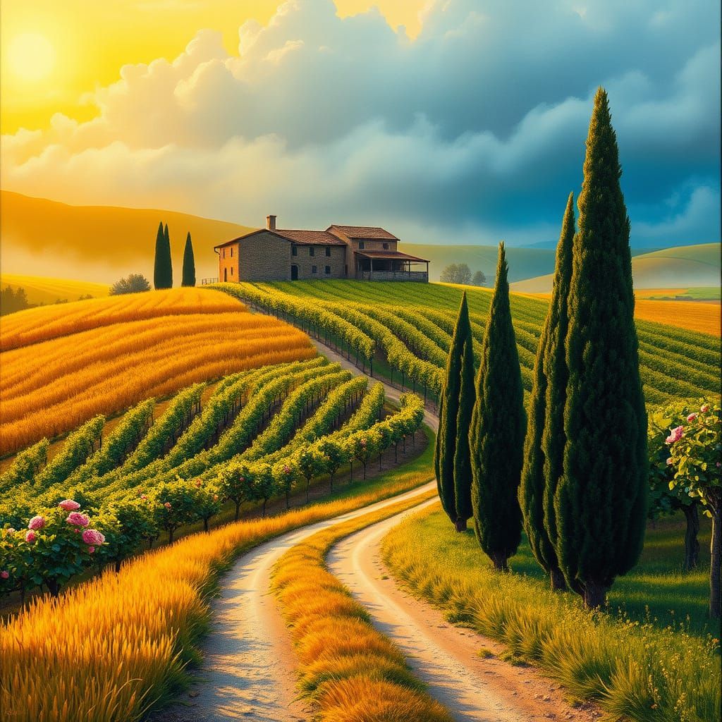 Golden Tuscan Valley Vineyard in Neo-Impressionist Style