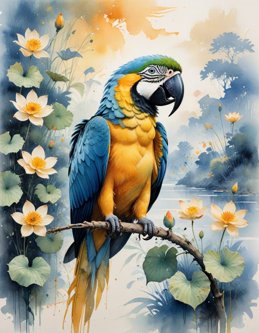 Macaw on Vine, Expressive Watercolor Art