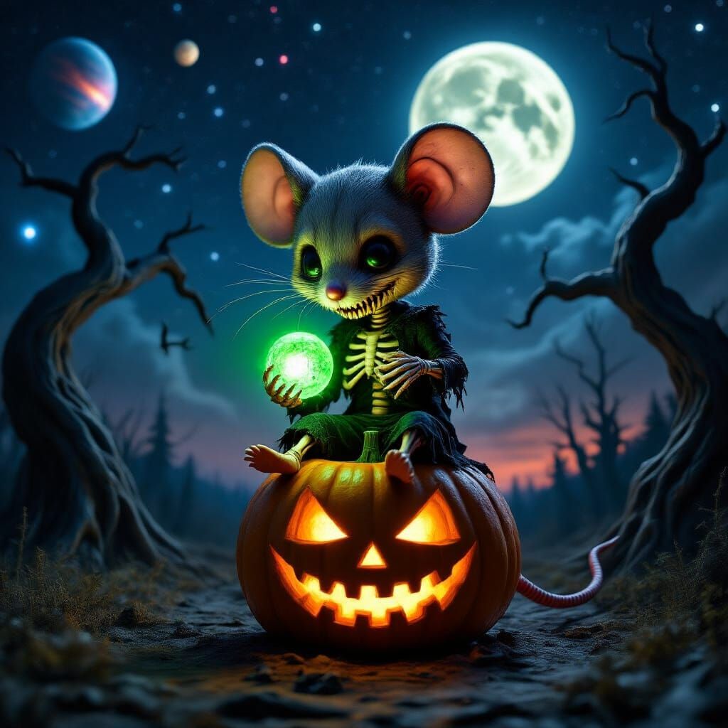 Chibi Mouse with Bony Frame Holds Glowing Orb on Pumpkin