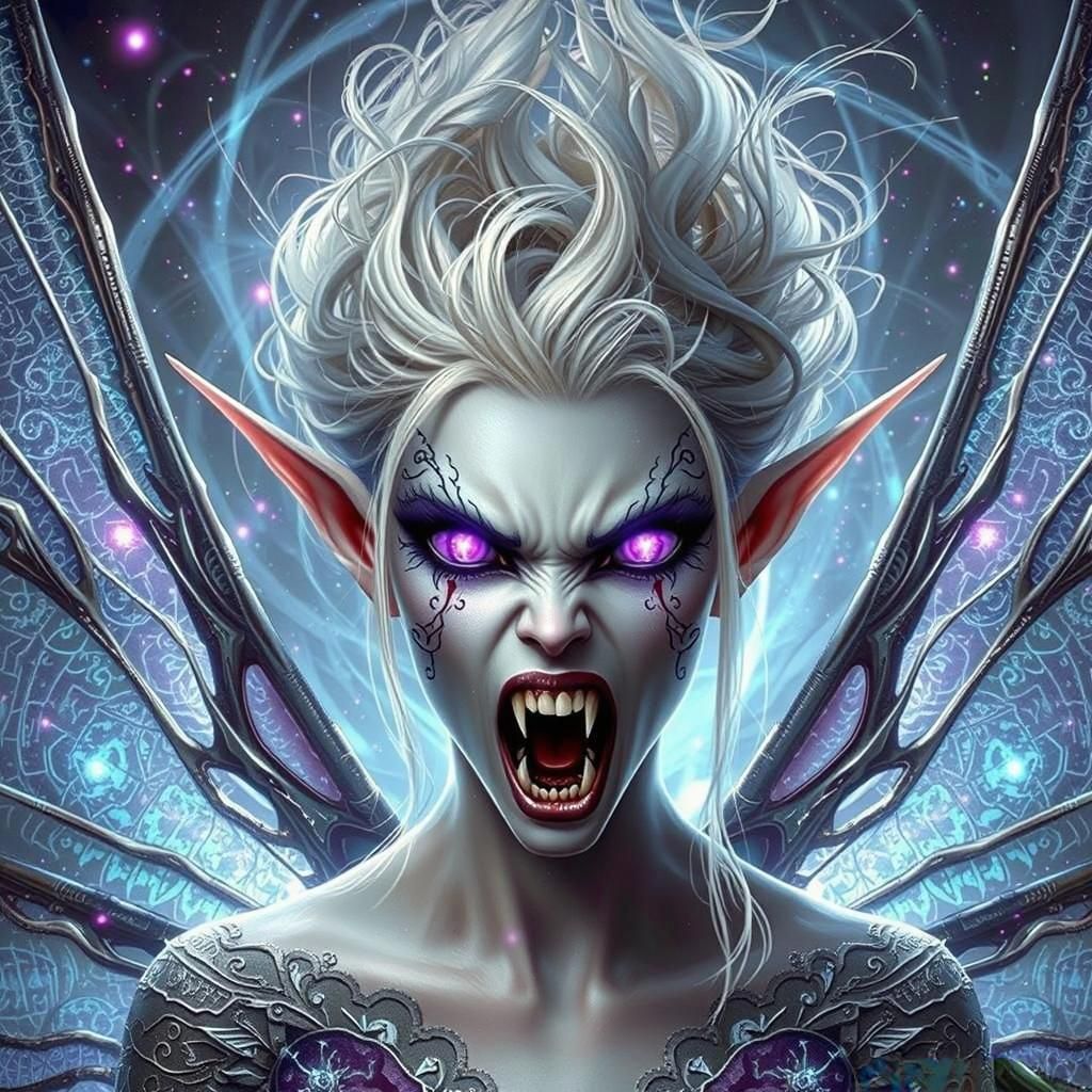 Angry Vampire-Fairy Hybrid Portrait in Gothic Style