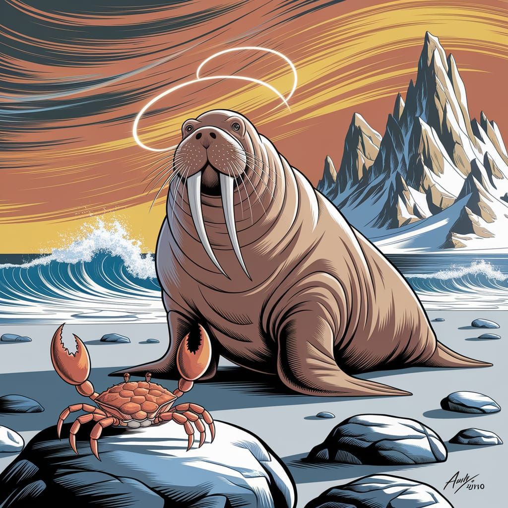 Jovial Walrus Befriends Tiny Crab on Icy Beach
