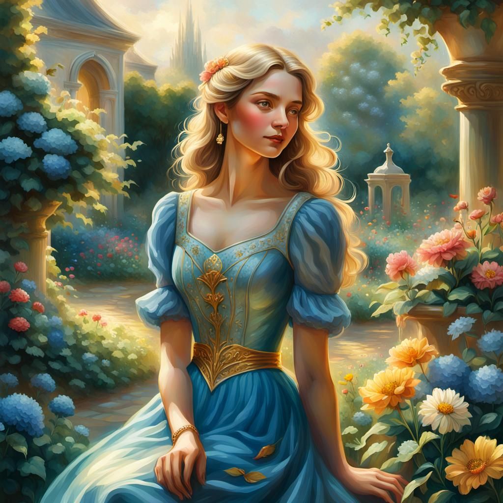 Woman in Blue Dress in Ethereal Garden