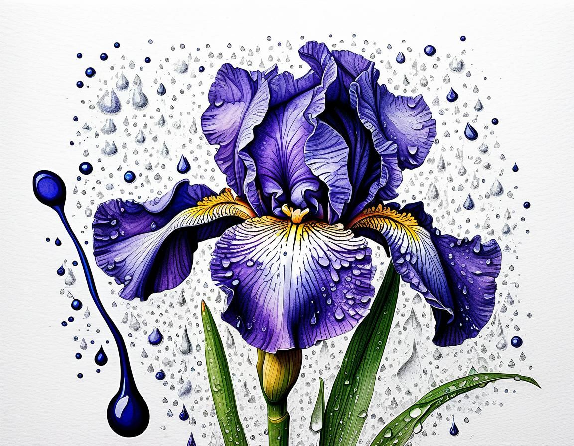 Intricate Ink Drawing of Dew-Kissed Iris Flower