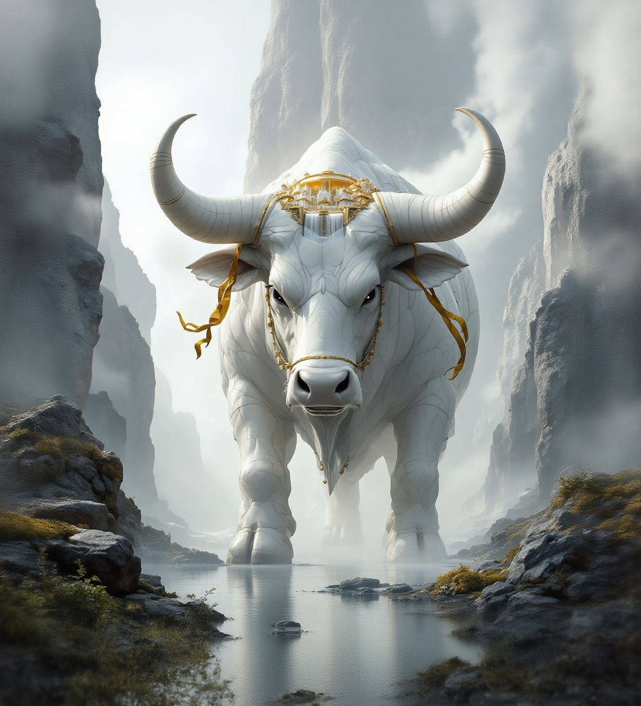 Colossal Gold and White Bull Supports Marble City