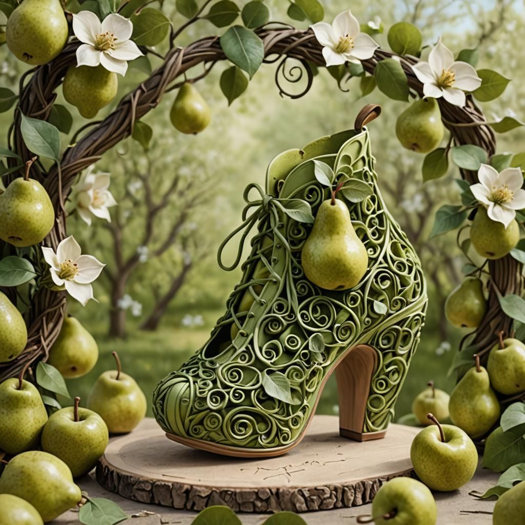Pear Shoes Sculpture in Orchard Scene
