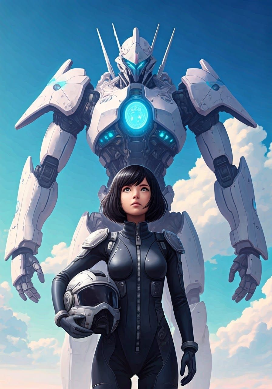 Young Girl Contemplates Majestic Mech Against Serene Sky