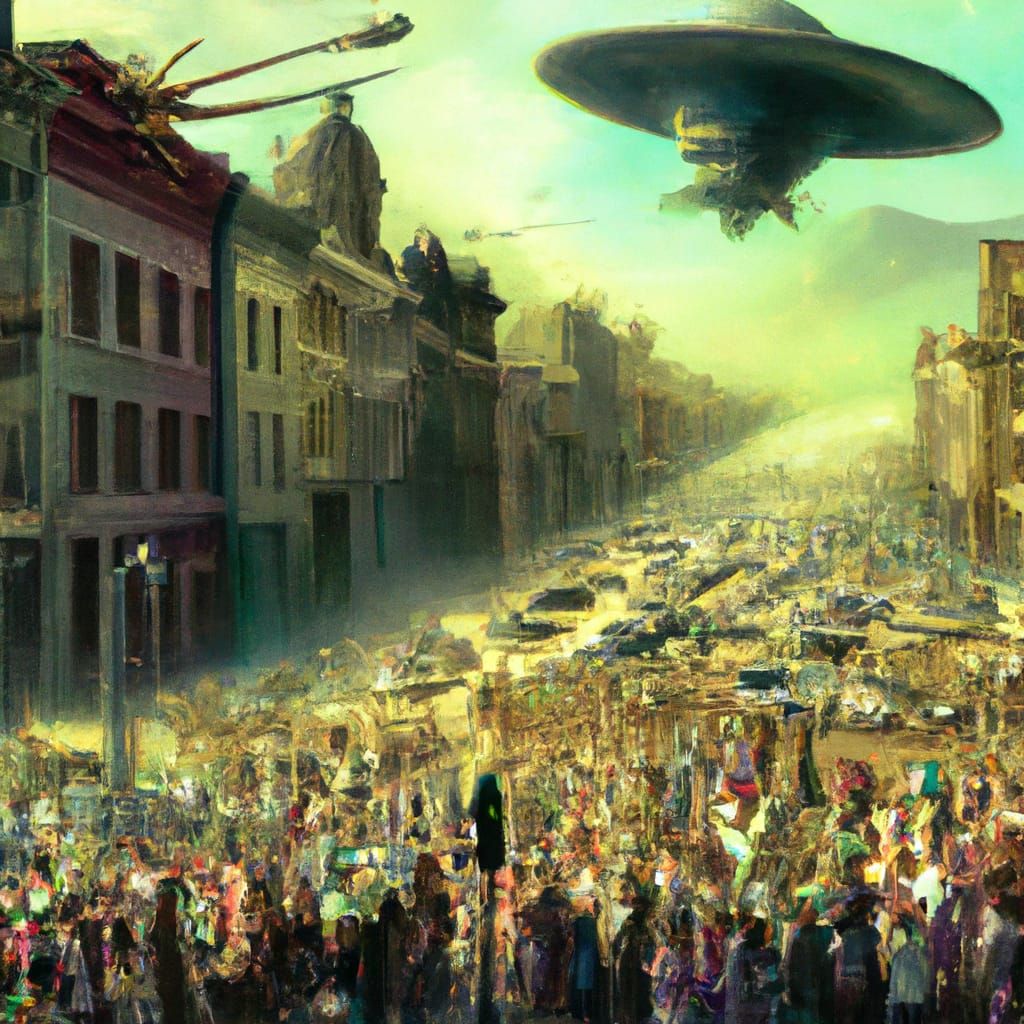UFO Chase in City Street, Paul Lehr Style