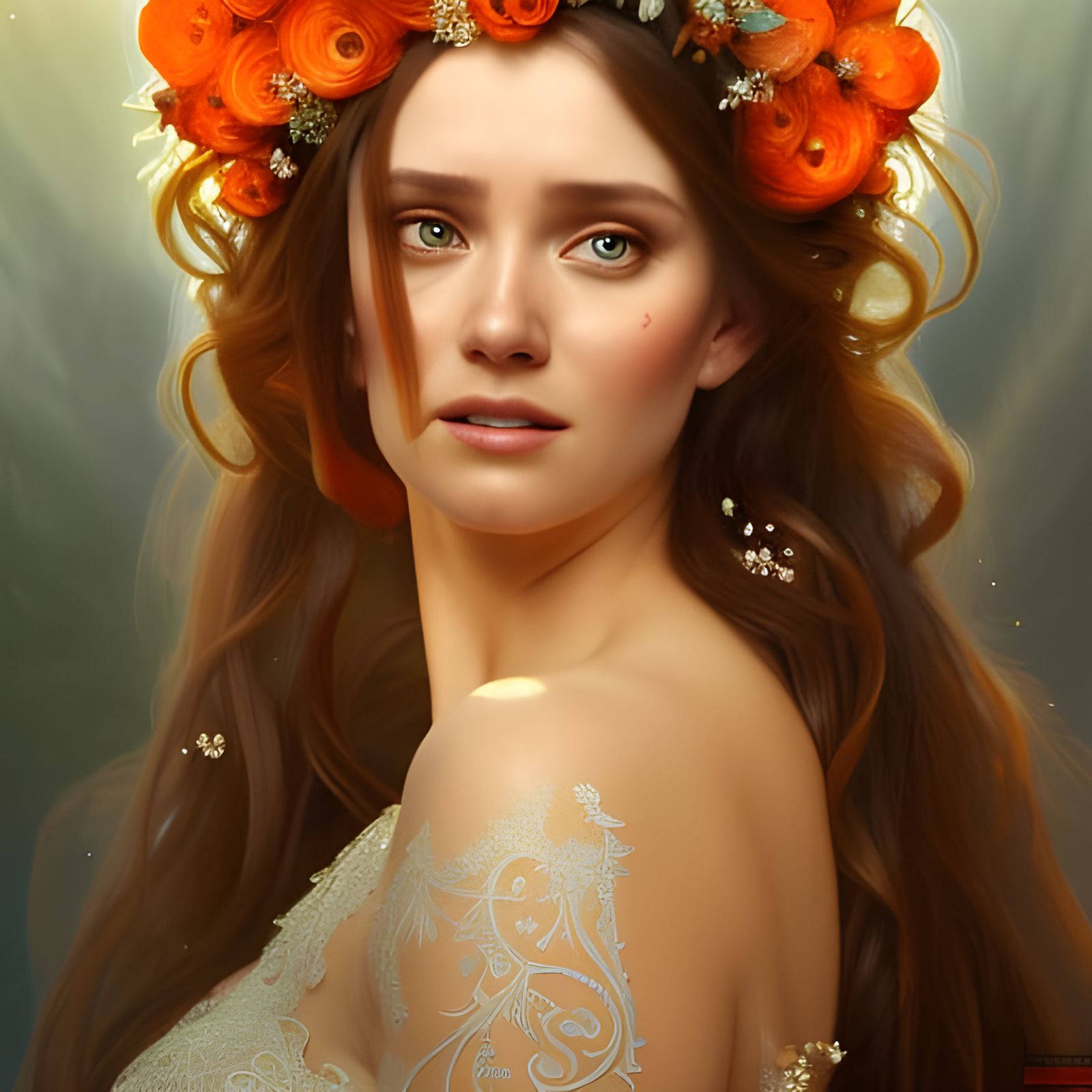 Happy Bride in Ornate Dress: Digital Art Portrait
