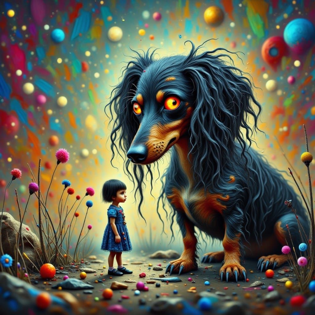 Surreal Whimsical Dachshund Watches Over Little Girl in a Va...