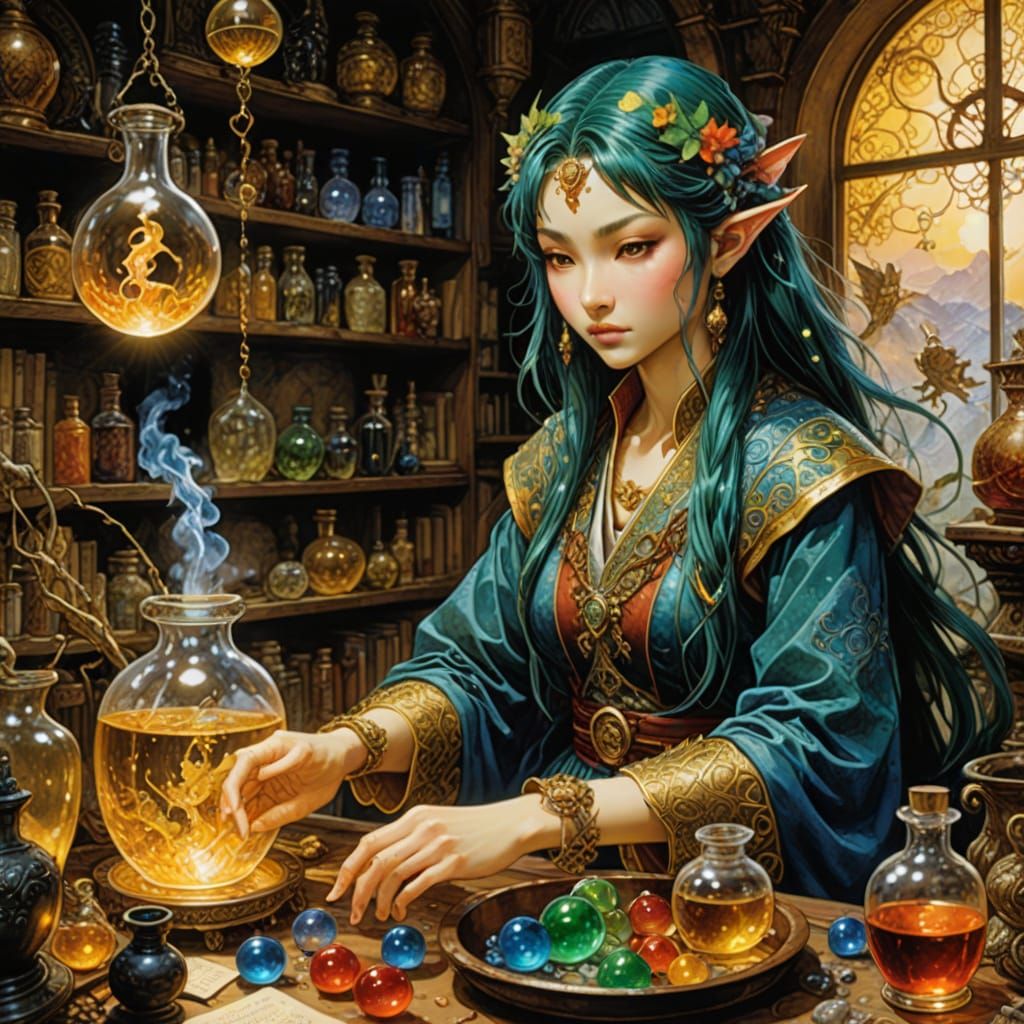 Elf Sorceress Prepares Potions in Magical Lab