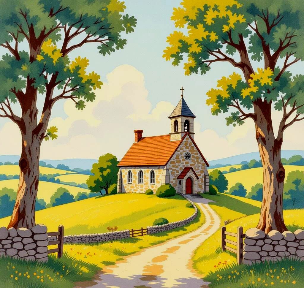 Vintage Church Illustration in Golden Light