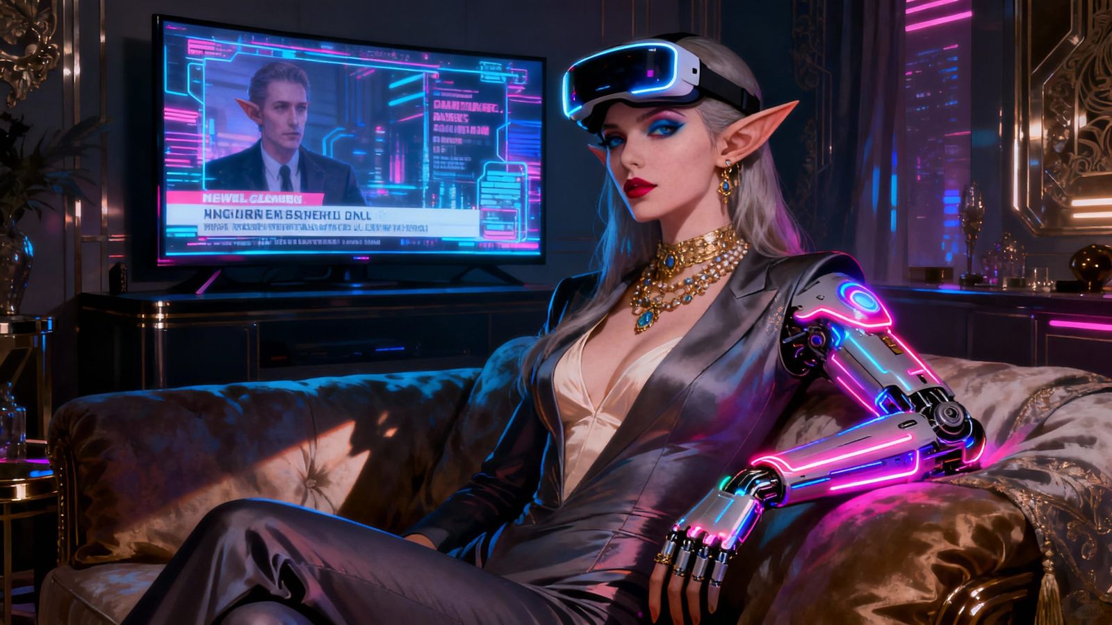 Cyberpunk Elf in Luxurious Futuristic Apartment