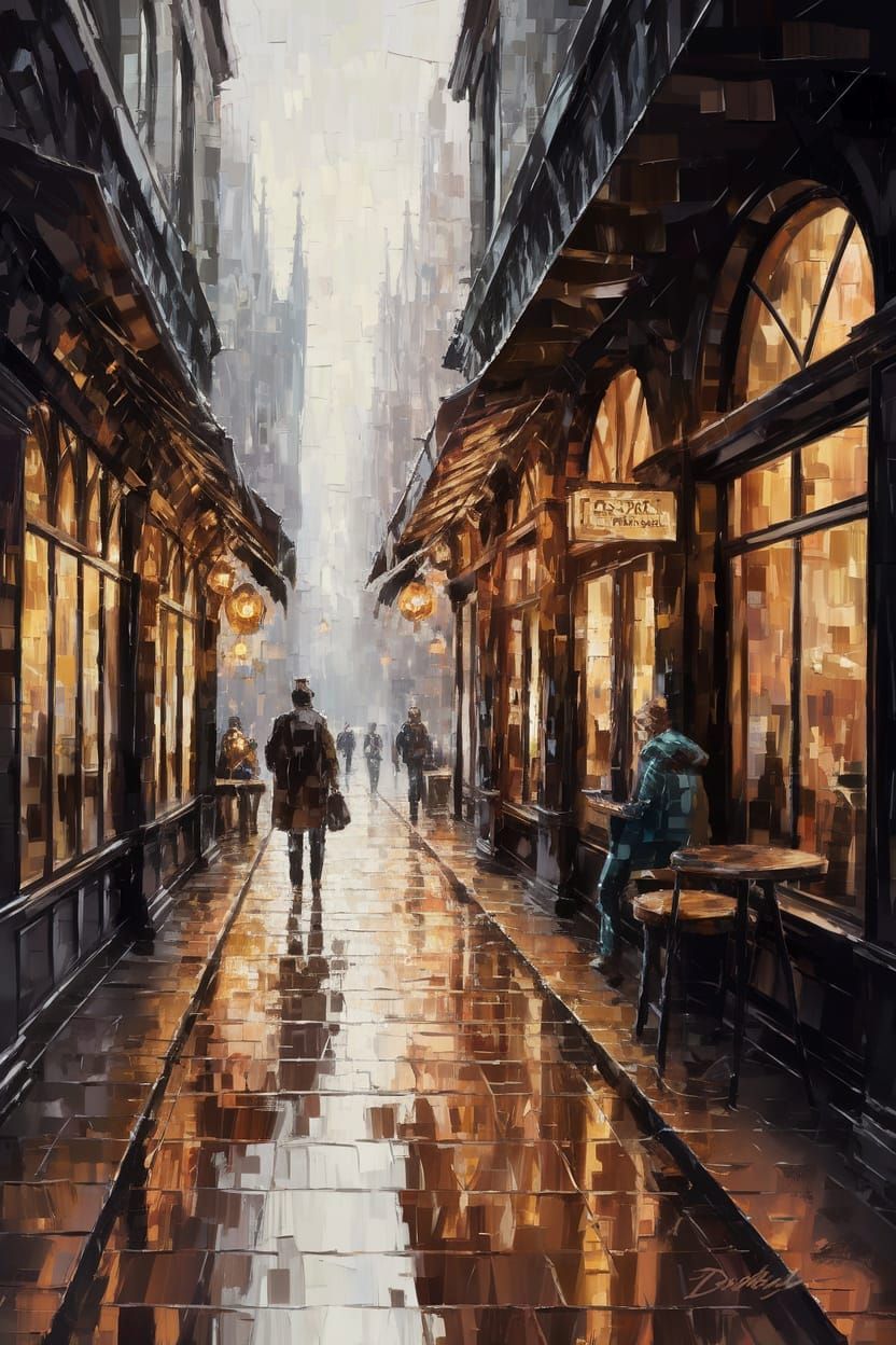 Warm Coffee House Scene in Rich Impasto Style