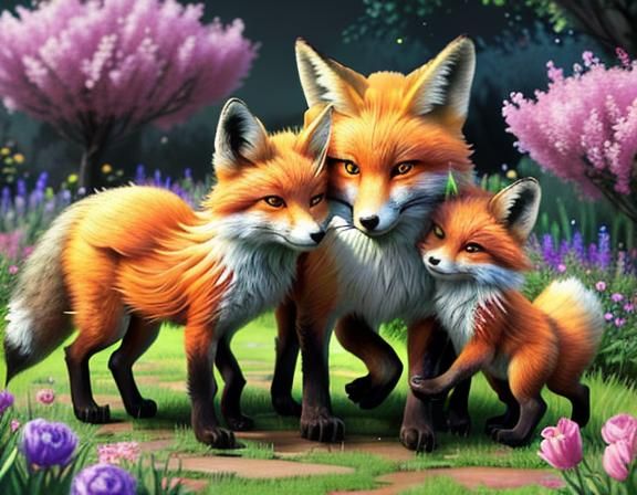 Fox Family Playing in Spring Garden: Fantasy Art