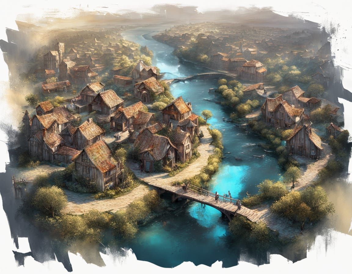 Glowing Medieval Village at Night: Fantasy Aerial View