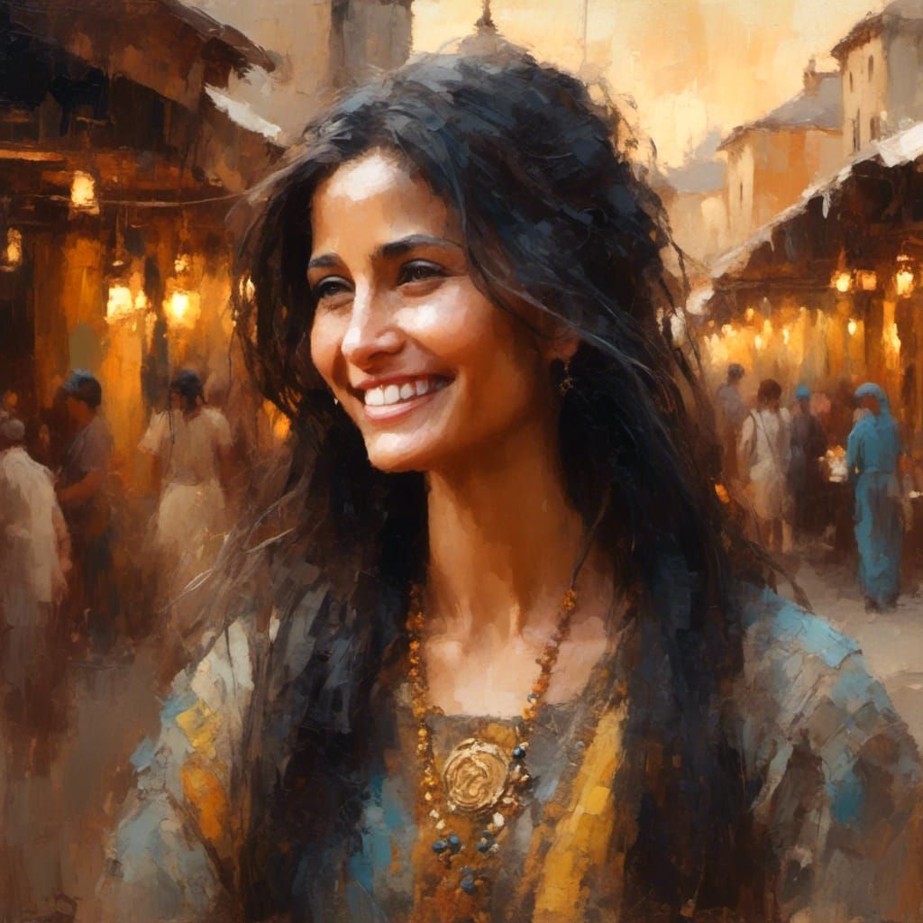 Arabian Woman in Warm Sunlight: An Oil Painting