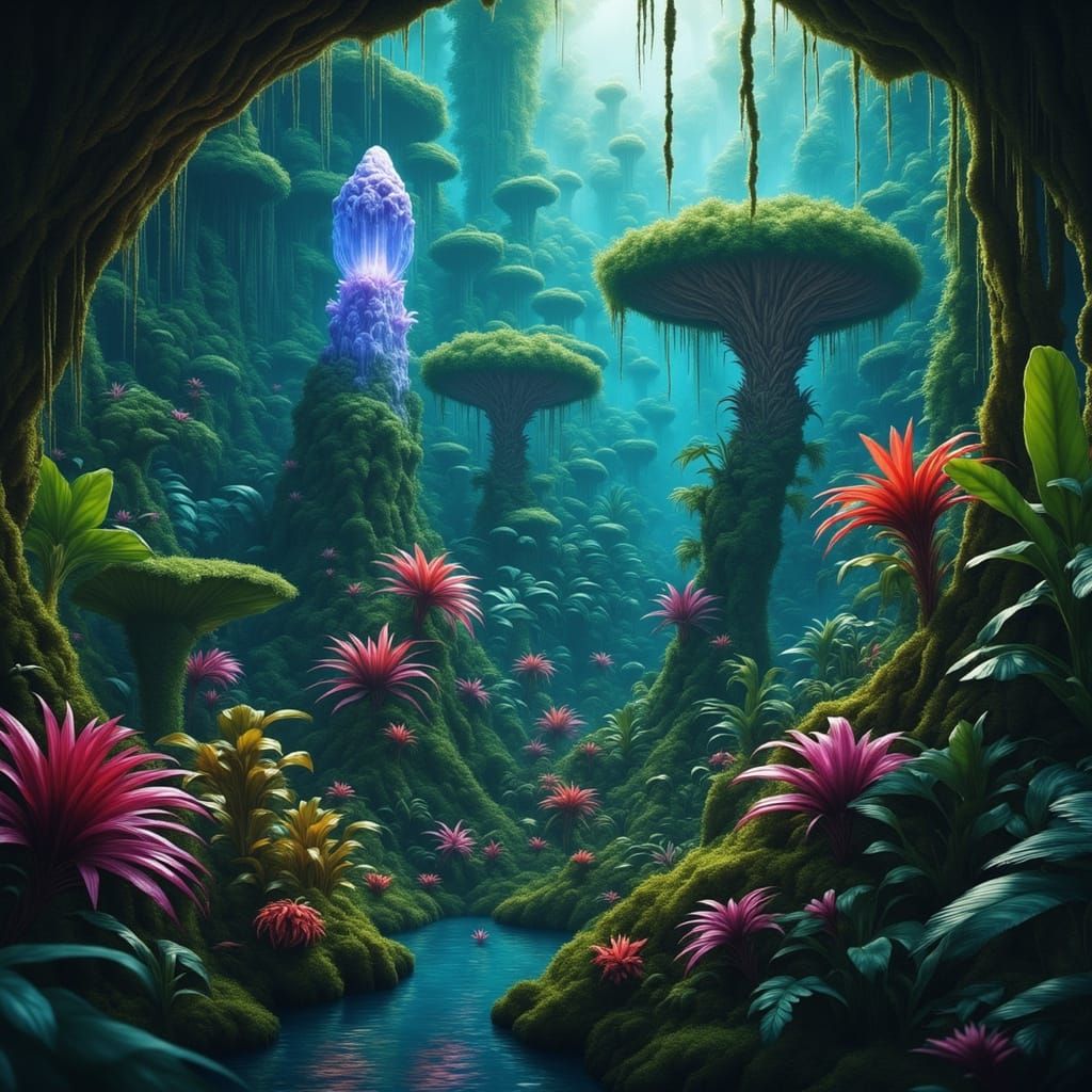 Alien Jungle Alive with Bioluminescent Wonders and Crystal S...