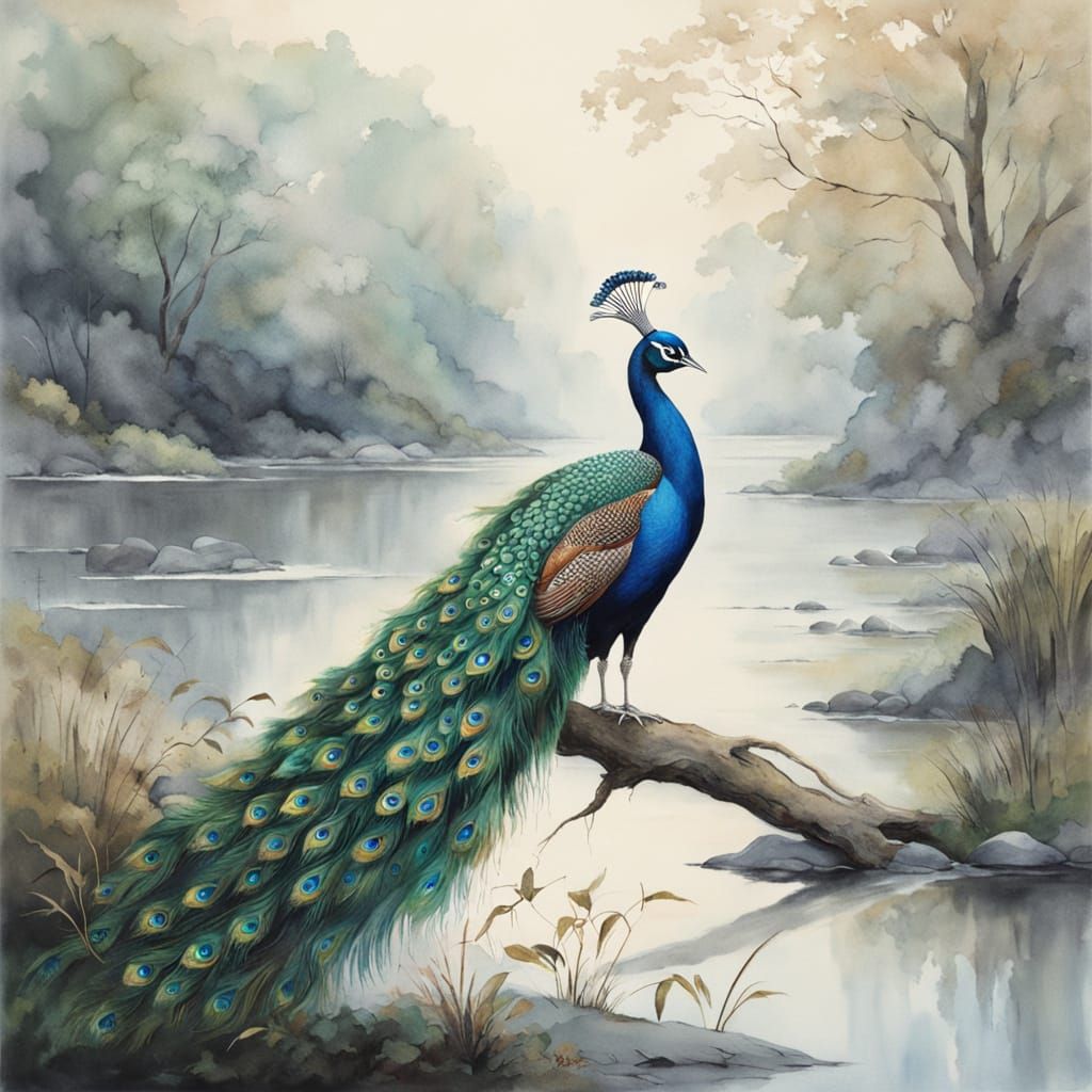 Ethereal Peacock in Misty Watercolor Landscape