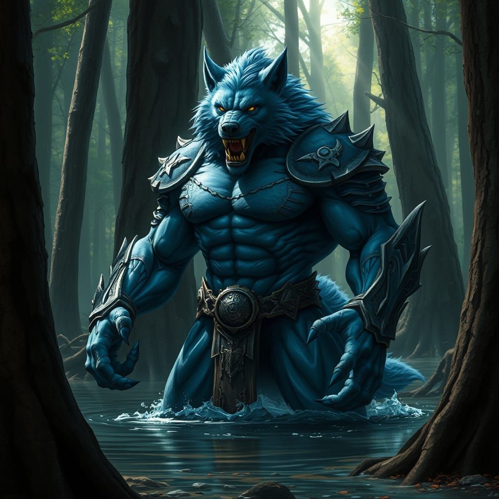 Fierce Blue Wolf Figure Emerges from Forest Mist