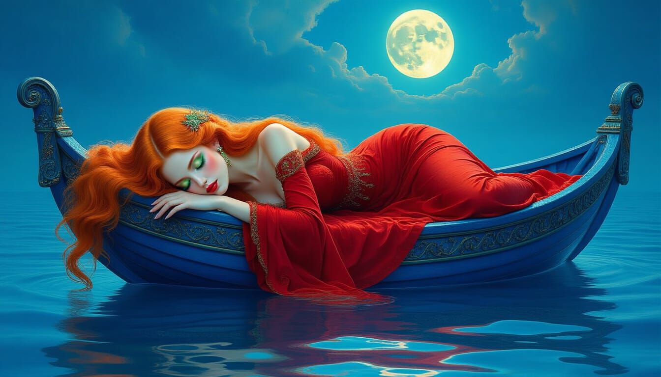 Surreal Dreamscape: Woman Sleeps on Intricate Boat