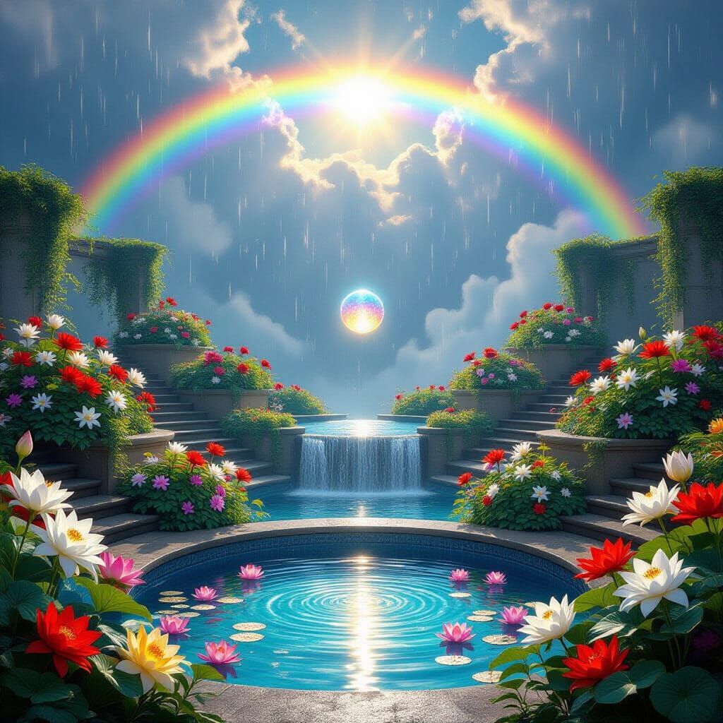 Enchanted Garden with Rainbow and Magical Flowers
