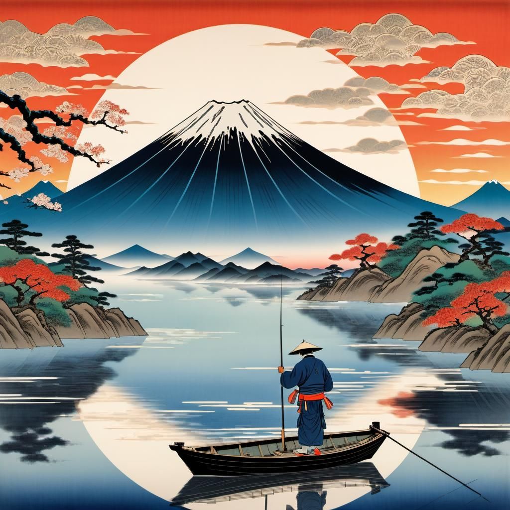 Japanese Fisherman at Sunrise in Ukiyo-e Style