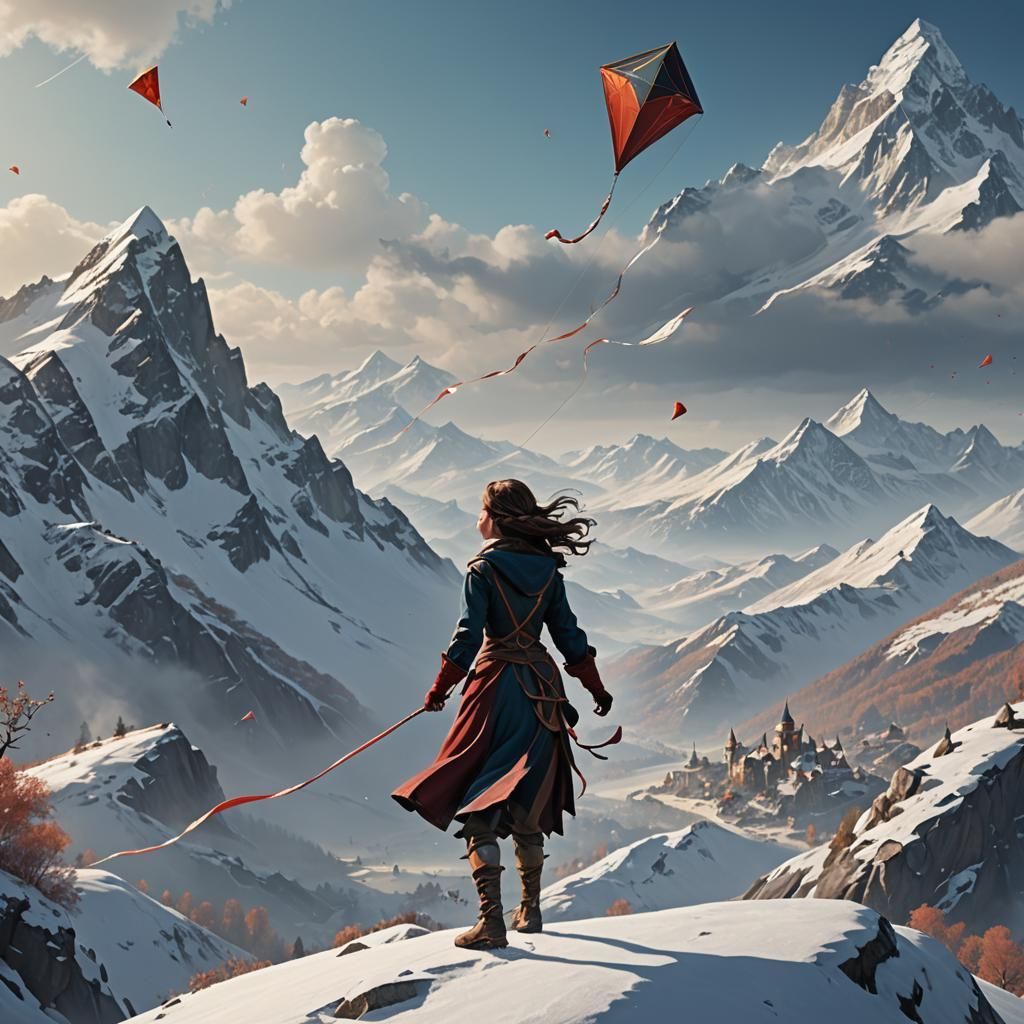Girl Flying Kite on Snowy Mountain, Detailed Matte Painting