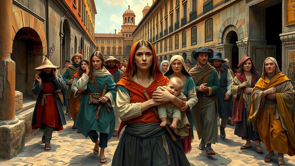 Medieval Peasants March Towards Renaissance Palaces in a Tri...